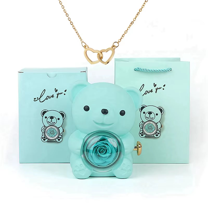 Valentine'S Day Gift Rose Bear with Stainless Steel Necklace Jewelry Gifts Set for Woman Christmas Gift