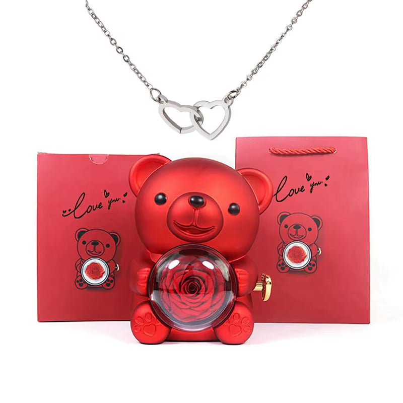 Valentine'S Day Gift Rose Bear with Stainless Steel Necklace Jewelry Gifts Set for Woman Christmas Gift