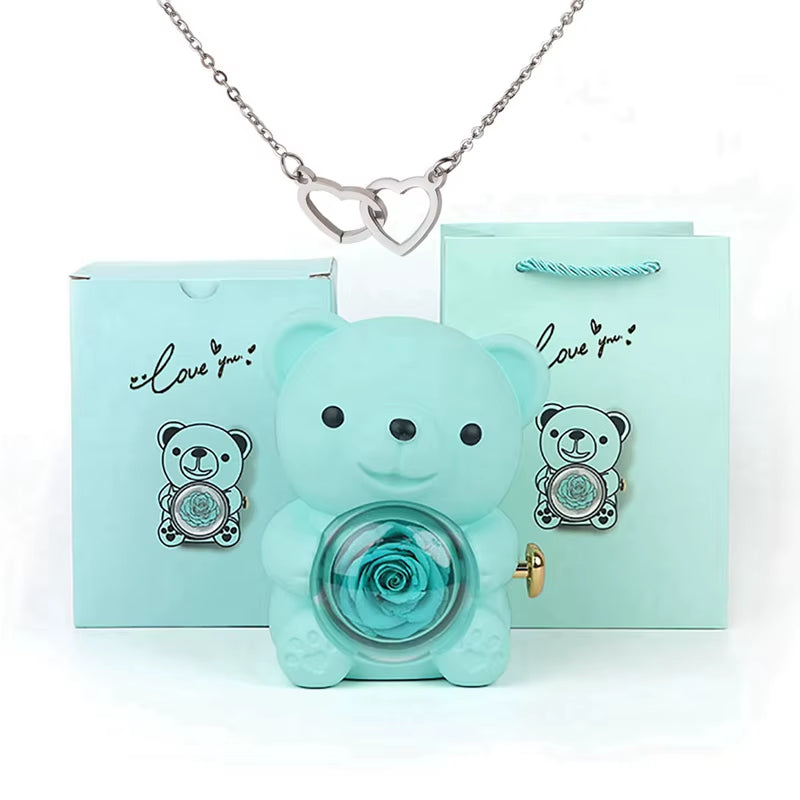 Valentine'S Day Gift Rose Bear with Stainless Steel Necklace Jewelry Gifts Set for Woman Christmas Gift