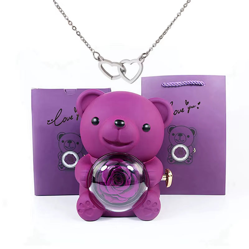 Valentine'S Day Gift Rose Bear with Stainless Steel Necklace Jewelry Gifts Set for Woman Christmas Gift