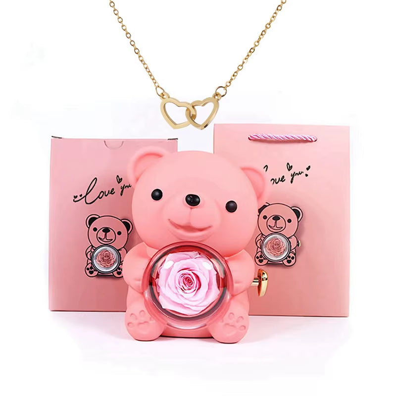 Valentine'S Day Gift Rose Bear with Stainless Steel Necklace Jewelry Gifts Set for Woman Christmas Gift