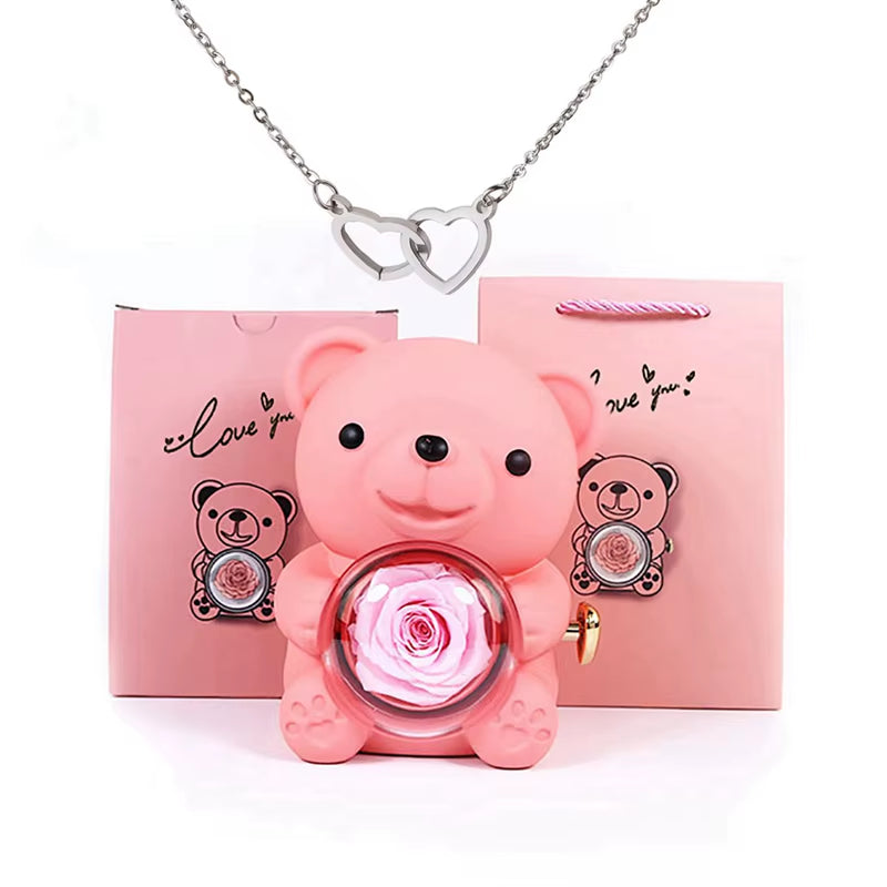 Valentine'S Day Gift Rose Bear with Stainless Steel Necklace Jewelry Gifts Set for Woman Christmas Gift