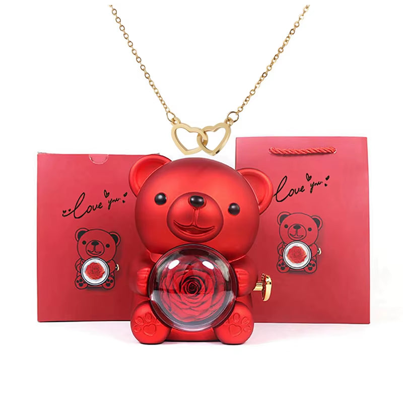 Valentine'S Day Gift Rose Bear with Stainless Steel Necklace Jewelry Gifts Set for Woman Christmas Gift