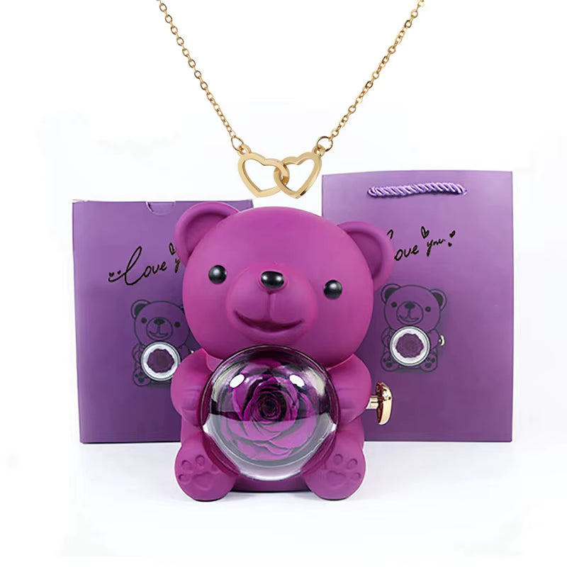 Valentine'S Day Gift Rose Bear with Stainless Steel Necklace Jewelry Gifts Set for Woman Christmas Gift