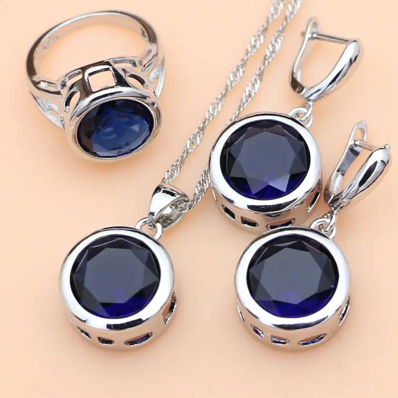 Bride Luxury 925 Silver Jewelry Sets Blue Sapphire for Women Drop Stones Earrings Rings Bracelet Necklace Set Dropshipping